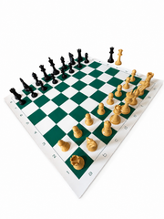 A green and white checkered chessboard with black and beige chess pieces arranged on a clean white background.