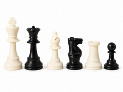A set of six chess pieces in black and off-white, arranged in descending size order against a plain white background.