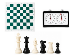Chess set components on a white background: a green-and-white checkered board, a black dual stopwatch, and six chess pieces in cream and black.