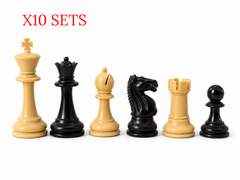 Ten chess pieces in a set, including a light beige king, black queen, light beige bishop, black knight, light beige rook, and black pawn, arranged in size order on a white background with red text reading 'X10 SETS' at the top left.