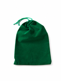 A dark green velvet drawstring pouch with a matching green drawstring, shown on a plain white background.